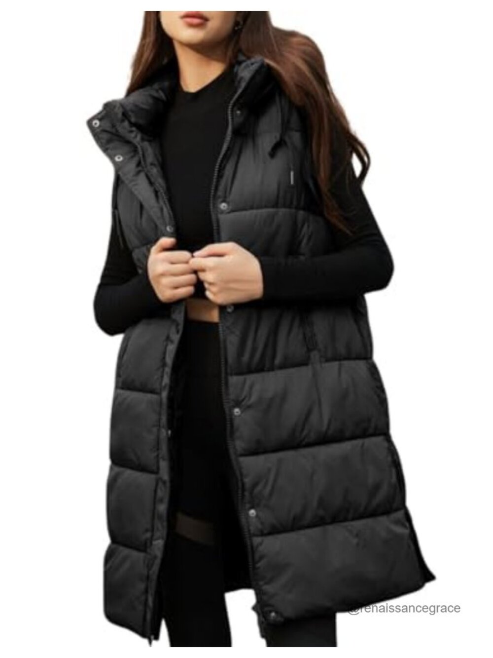 PUWEI Women Long Quilted Puffer Vest Hooded Zip Sleeveless Coat